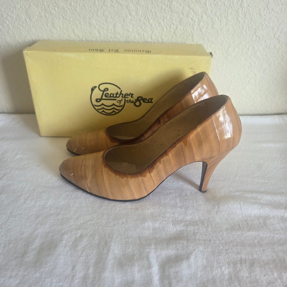 Leather of the Sea Vintage Tan Eel Skin Pointed Toe Pumps Stiletto Heels Sz 7.5